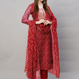 DIVASTRI Leheriya Printed Round Neck Straight Kurta With Trousers And Dupatta-image-34