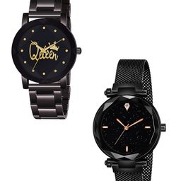 CSAMON Women Set of 2 Bracelet Style Straps Analogue Watch Metal_queen_379_Black_4-image-50