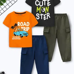 YK X Trampoline Kids Pack Of 2 Typography Printed Round Neck T-shirt With Joggers-image-29
