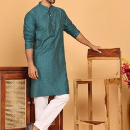 Anouk Teal Blue Woven Design Mandarin Collar Straight Kurta With Pyjamas-image-29