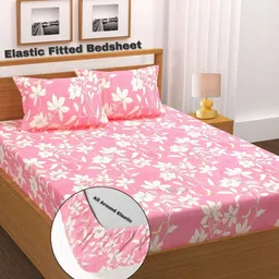 AMRANGE Pink & White Printed Fitted Microfiber 210 TC Double King Bedsheet Set 1.8m x 1.9m-picture-42