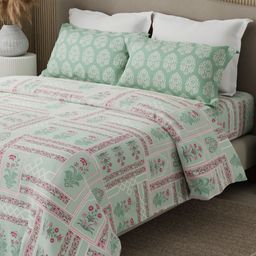 Boutique Living India Green & Pink Floral 200 TC Queen Bedsheet with 2 Pillow Covers-image-72