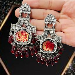OPUS GEMS Artificial Stones Studded And Beaded Geometric Shaped Drop Earrings-image-86