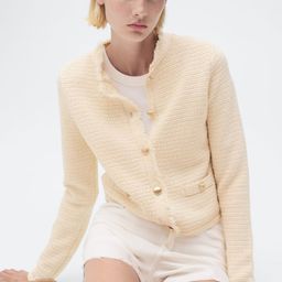 MANGO Round Neck Cable Knit Cardigan with Frayed Neck-picture-27