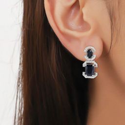PRIVIU Silver-Plated American Diamond Studded Oval Shaped Drop Earrings-image-78