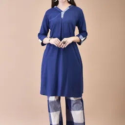 Shree V-Neck Thread Work Indigo Pleated A-Line Kurta with Trousers-image-34