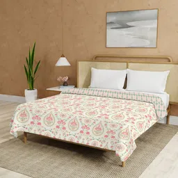 URBAN SPACE White & Peach-Coloured Floral Malmal Cotton 90 GSM AC Room Double Bed Dohar-image-23