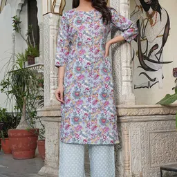 Viharini Floral Printed Pure Cotton Round Neck Straight Kurta With Palazzos-picture-29