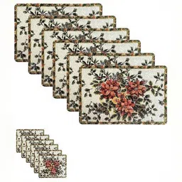 REVEXO 6Pc White & Green Printed Rectangle Costers & Table Placemats image 2