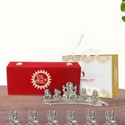 INTERNATIONAL GIFT Silver-Toned 7 Pcs Musical Ganesh Idol Showpiece With Diya And Gift Box-image-91