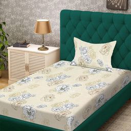 KLOTTHE Cream-Coloured & White Floral 300 TC Single Bedsheet with 1 Pillow Covers-10