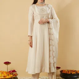 Moda Rapido Floral Embroidered Sequinned Empire Anarkali Kurta With Trousers & Dupatta-image-0