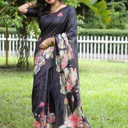 Anouk Women Black Floral Printed Silk Blend Tussar Saree-picture-16