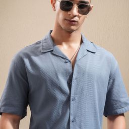 HIGHLANDER Men Cuban Collar Textured Cotton Relaxed Fit Casual Shirt-picture-27