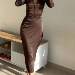 Women Two Piece Dress Brown Below Knee Dress-image-28