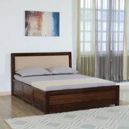 woodsworth from pepperfry Segur Sheesham Wood Queen Size Bed In Provincial Teak Finish With Beige Padded Headboard Hydraulic Storage-picture-28