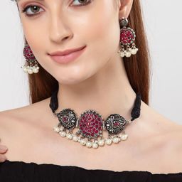 Shining Diva Pink & White Alloy Silver-Plated Oxidised Jewellery Set-image-93