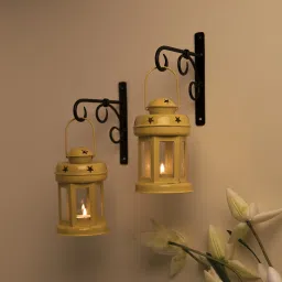 Wall Star Light Decorative Metal Lantern Indoor/Outdoor Hanging Lantern, Set of 2 Designer Candle Tealight Holder with Wall Hook, Yellow Yellow Metal Hanging Lantern-5