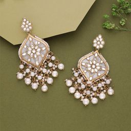 Brado Jewellery Gold-Plated Kundan Studded & Pearls Beaded Contemporary Drop Earrings-17