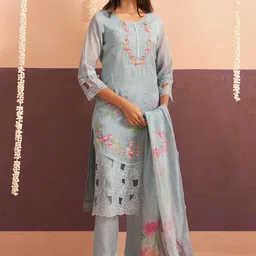 AUTUMN LANE Floral Embroidered round Neck Straight Kurta With Trouser And Dupatta-picture-11