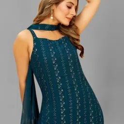 PARROT CREATION Women Embroidered Regular Sequinned Kurti with Palazzos & With Dupatta image 4