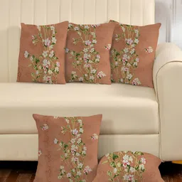 IVAZA Brown & White Set of 5 Floral Square Cushion Covers-29