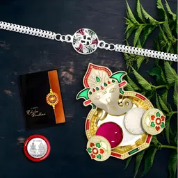 Rakhi Combo for Brother with Pooja Dish, Pooja Coin, Roli Chawal & Greeting Card-94