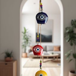 WARMINGO DE Red & Yellow Printed Evil Eye 3 Bells Wall Hangings-image-93