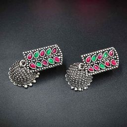 OPUS GEMS Artificial Stones Studded And Beaded Dome Shaped Oxidised Jhumkas-image-48
