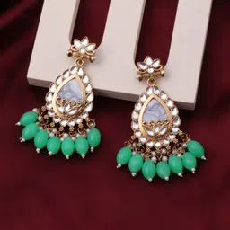 BELWICK Brass-Plated Kundan Studded And Pearls Beaded Teardrop Shaped Drop Earrings-image-69