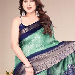 SUPERLAXMI Ethnic Motifs Zari Silk Blend Block Print Saree-image-85