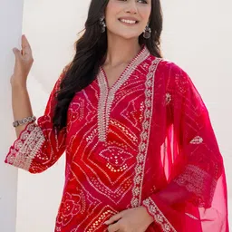 RANGREAL Women Bandhani Printed Regular Sequinned Kurta with Trousers & With Dupatta image 4