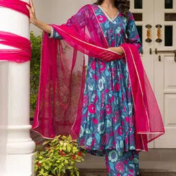 Moda Rapido Floral Printed V-Neck Anarkali Kurta With Trousers And Dupatta-11