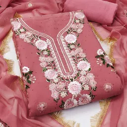 HERE&NOW Floral Embroidered Beads & Stones Silk Georgette Unstitched Dress Material-image-57