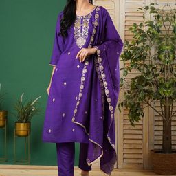 CARTYSHOP Women Embroidered Regular Kurta with Trousers with dupatta-image-93