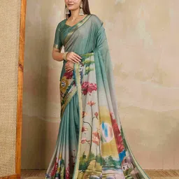 Ishin Kalamkari Printed Zari Pure Chiffon Saree with Blouse Piece-45