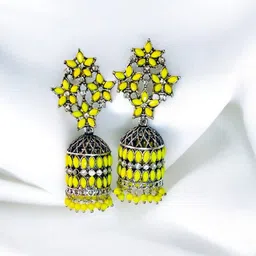 M55 Silver-Plated Artificial Stones Studded Beaded Dome Shaped Jhumkas-18