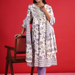 Indo Era Floral Empire Sequinned Pure Cotton A-Line Kurta with Trousers & Dupatta-picture-14