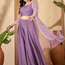 Sangria Zari Sequence Thread Embroidered With Lace Crop Top With Palazzos & Shrug-image-28
