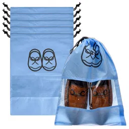 Kuber Industries Blue & Beige Pack of 6 Printed Non-Woven Shoe Cover With Drawstring-38