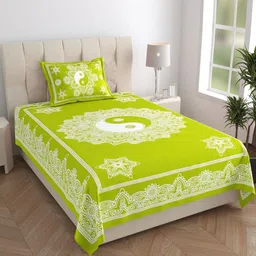 HOMELINE Jaipuri Green Printed Pure Cotton 144 TC Single Bedsheet Set 1.82 x 1.21 m-image-4