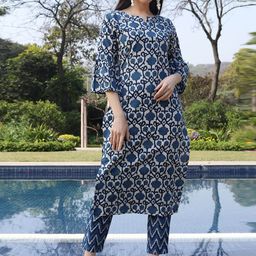 KALINI Floral Printed Notch Neck Pure Cotton Straight Kurta With Trousers-picture-47