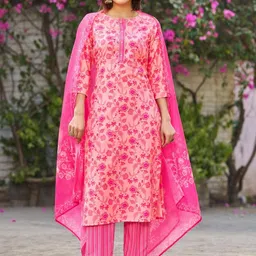 SZN Floral Printed Notch-Neck Straight Kurta With Trousers And Dupatta-21