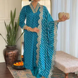 KALINI Bandhani Printed Sequinned V Neck Chanderi Silk Kurta With Trousers & Dupatta-9