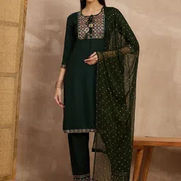 HERE&NOW Women Ethnic Motifs Embroidered Mirror Work Kurta with Trousers & Dupatta-picture-14
