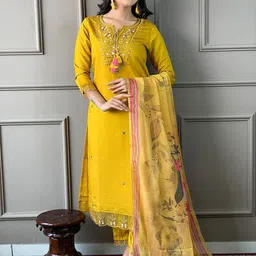 KALINI Women Floral Embroidered Regular Sequinned Chanderi Cotton Kurta with Trousers & With Dupatta-14