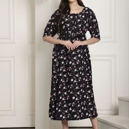 Metronaut Floral Printed Belted Round Neck Fit & Flare Midi Dress-image-32