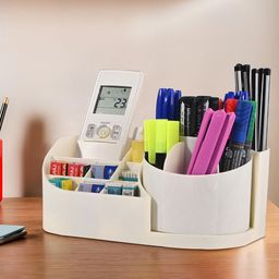 Kuber Industries Off White Pack of 2 Aesthetic 360 Rotating Stationery Desk Organisers-41