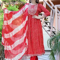 KALINI Women Bandhani Embroidered A-Line Kurta with Trousers & Dupatta-picture-36