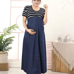 MomsBae Women Striped Cotton Maternity A-Line Maxi Dress-image-86